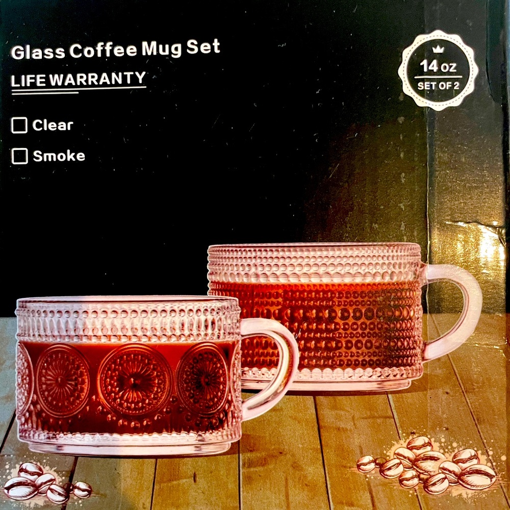 NIB 2 14oz glass coffee mugs with spoons